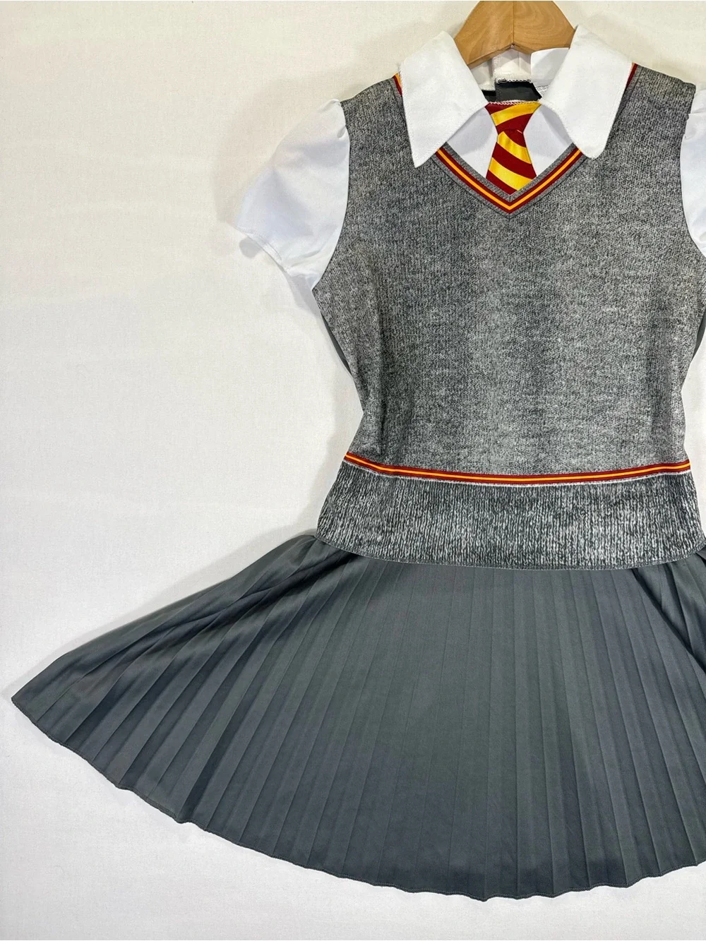 Grey School-Inspired Pleated Costume Dress with Red & Yellow Tie - Kids
